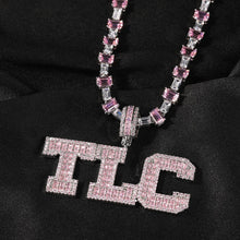 Load image into Gallery viewer, Pink Baguette Letters Custom Name Necklace Pendant With Heart Tennis Chain or baguette
