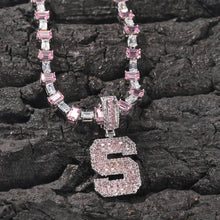 Load image into Gallery viewer, Pink Baguette Letters Custom Name Necklace Pendant With Heart Tennis Chain or baguette
