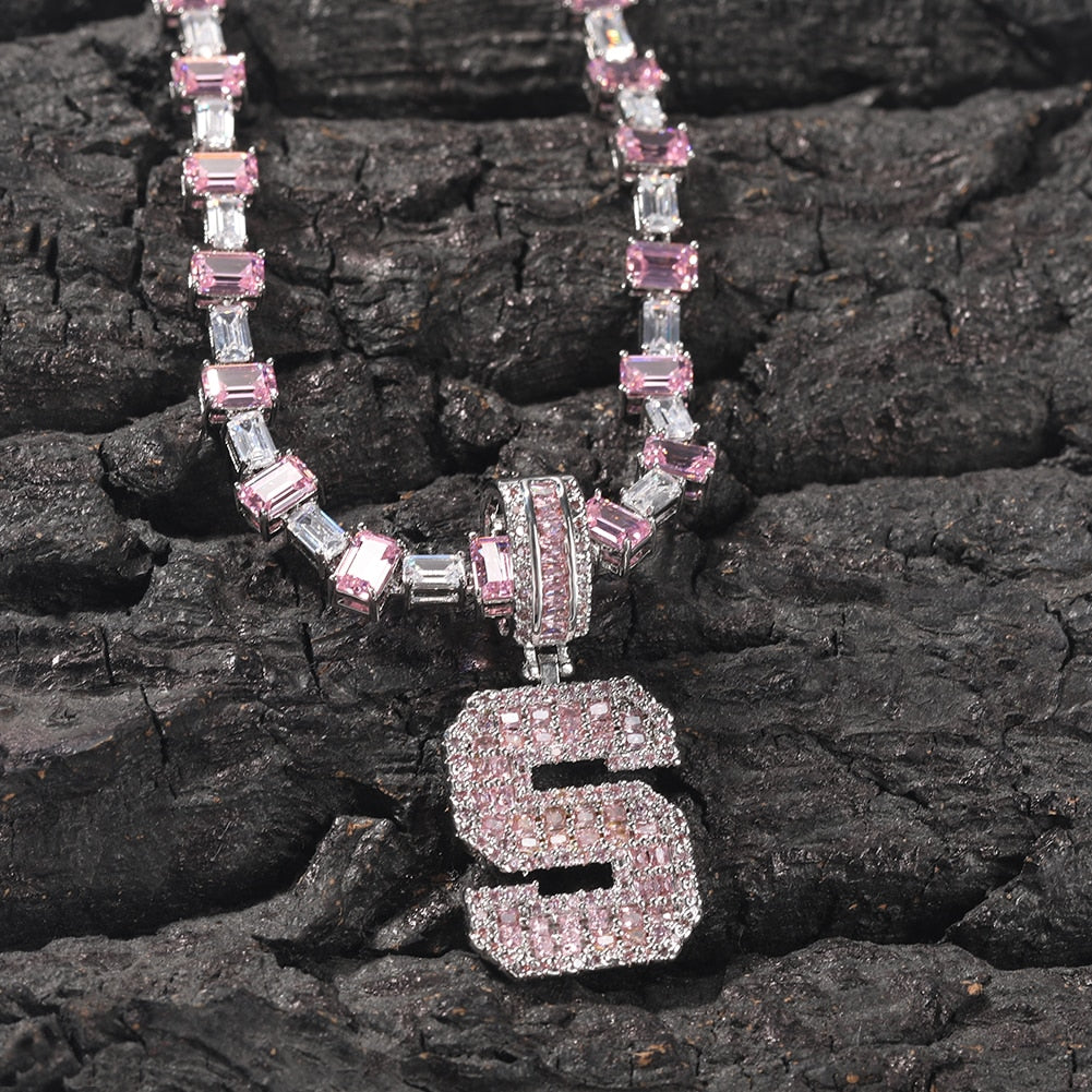Pink Baguette Letters Custom Name Necklace Pendant With Heart Tennis Chain or baguette