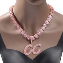 Load image into Gallery viewer, Custom Two Tone Pendant Name Necklace Cursive Letters Iced Out Cubic Zirconia Baguette
